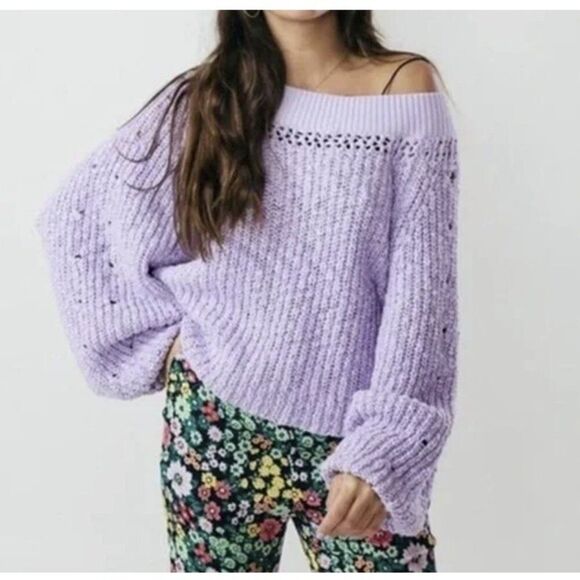 Free People Pandora’s Boat Neck Oversized Slouchy Knit Purple Pullover Sweater - Picture 3 of 8